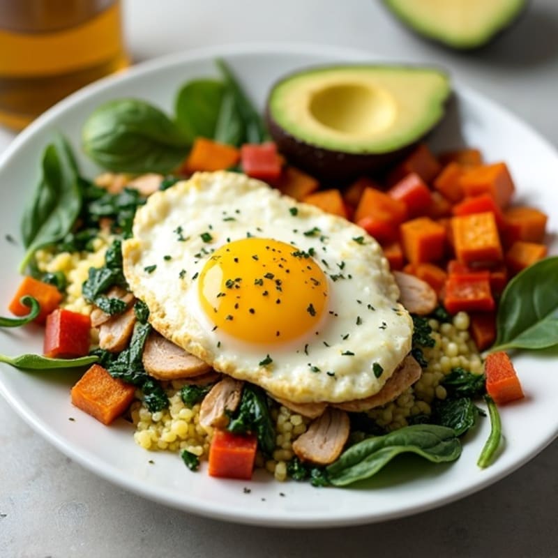 Egg White and Spinach Scramble with Roasted Turkey Breast and Sweet Potato Hash