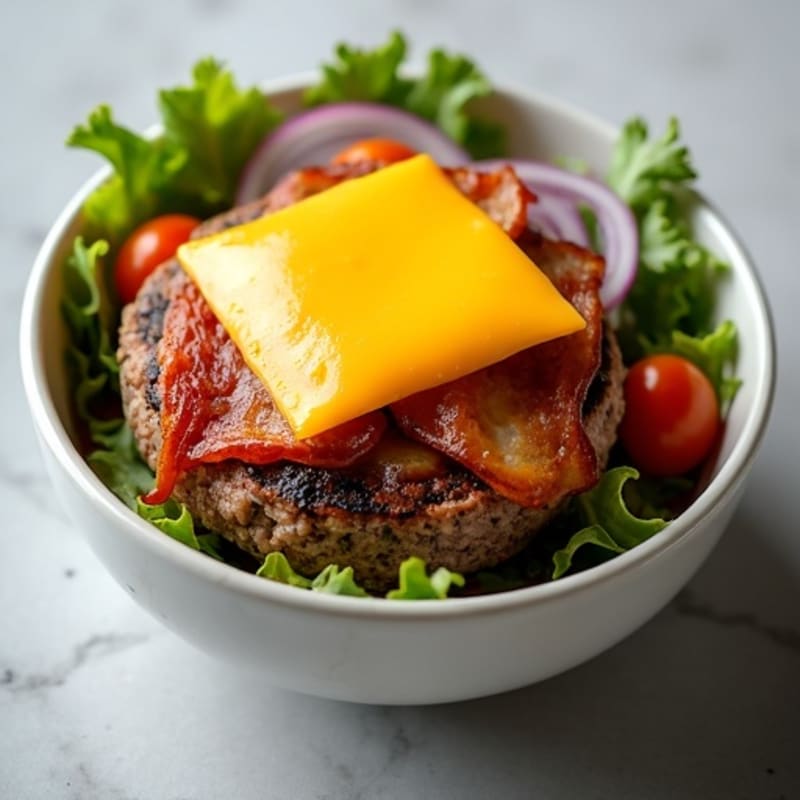 Lean Ground Beef Burger Bowl with Crispy Turkey Bacon and Melty Cheddar