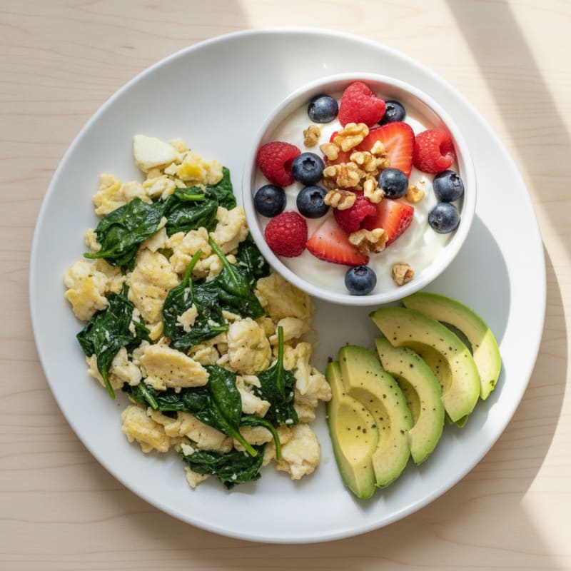 Egg White and Spinach Scramble with Greek Yogurt and Berries