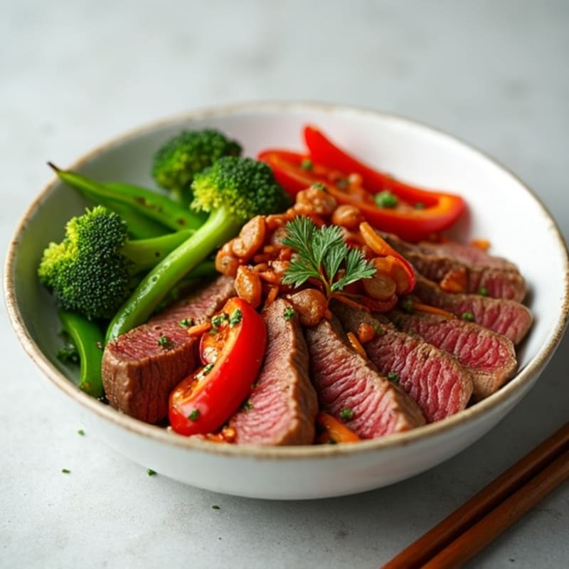 Thinly Sliced Sweet and Savory Beef with Garlic-Sesame Marinade and Crisp Vegetables