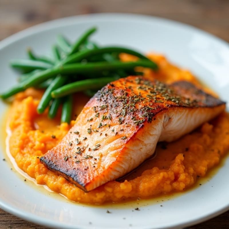 Seared Salmon with Garlic Green Beans and Sweet Potato Mash