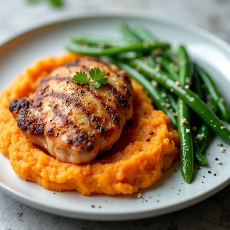 Seared Chicken Thighs with Steamed Green Beans and Sweet Potato Mash