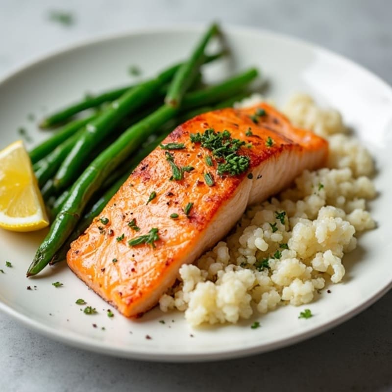 Seared Salmon Fillet with Cauliflower Rice and Sautéed Green Beans