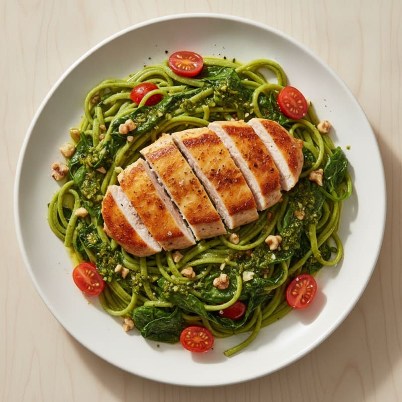 Pan-Seared Chicken with Edamame Pasta and Spinach
