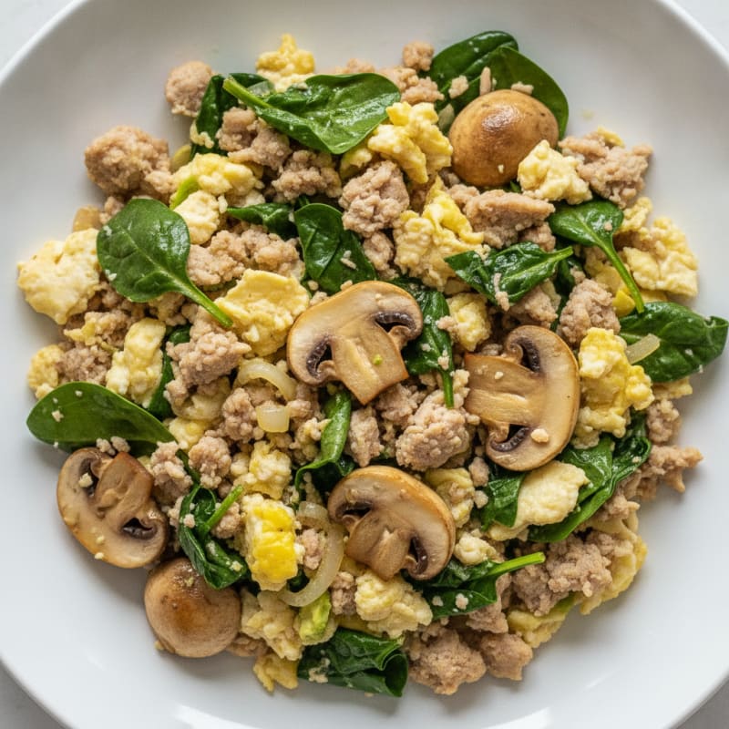 Egg White and Turkey Spinach Scramble with Sautéed Mushrooms