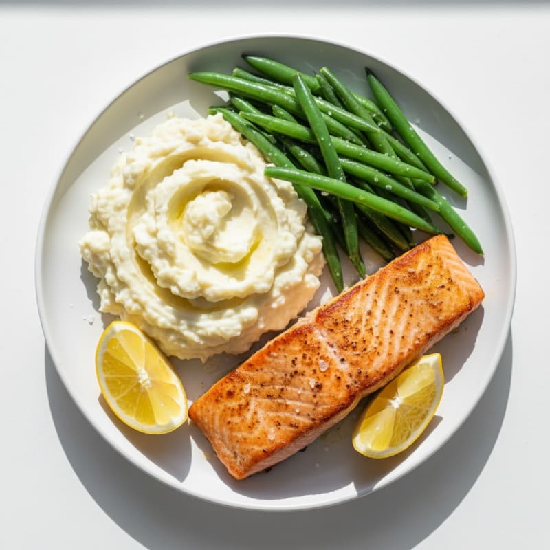 Seared Salmon with Steamed Green Beans and Mashed Cauliflower