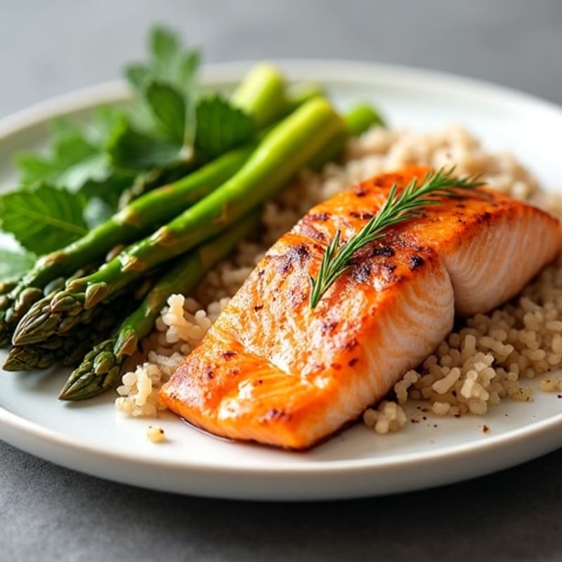 Seared Salmon with Steamed Asparagus and Brown Rice