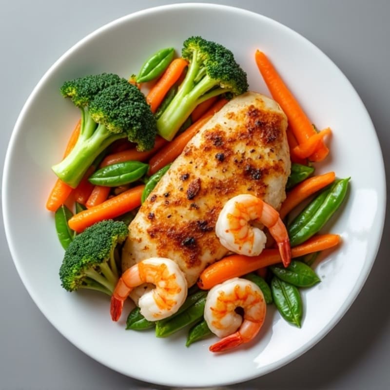 Pan-Seared Chicken and Shrimp with Garlic Ginger Vegetables