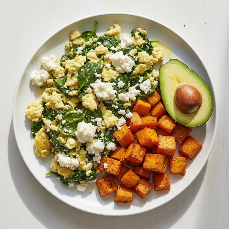 Egg White and Spinach Scramble with Cottage Cheese and Roasted Sweet Potatoes