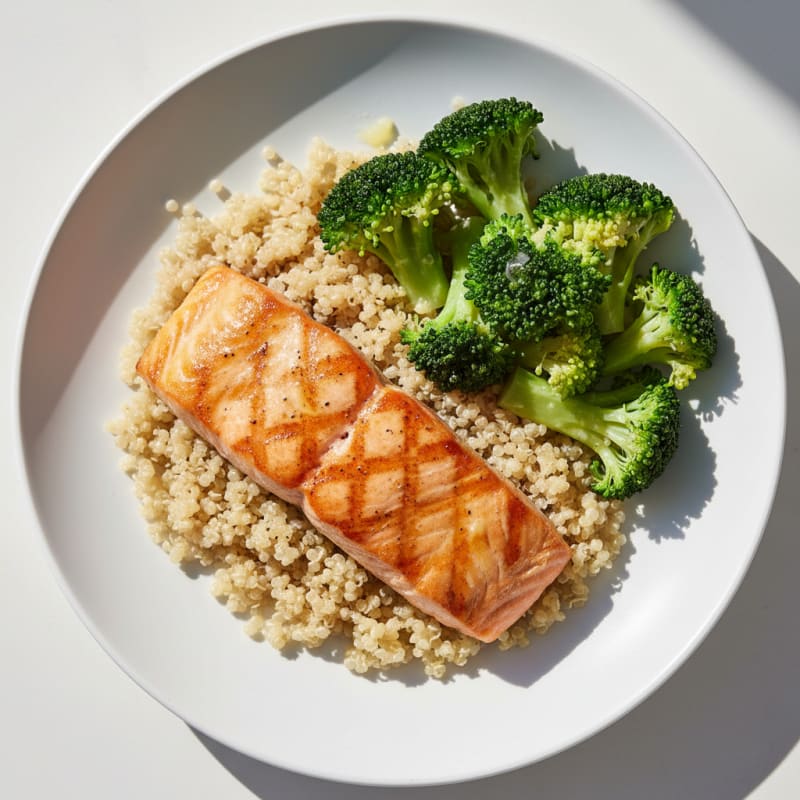 Seared Salmon with Steamed Broccoli and Quinoa