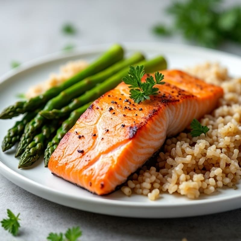Seared Salmon Fillet with Steamed Asparagus and Brown Rice