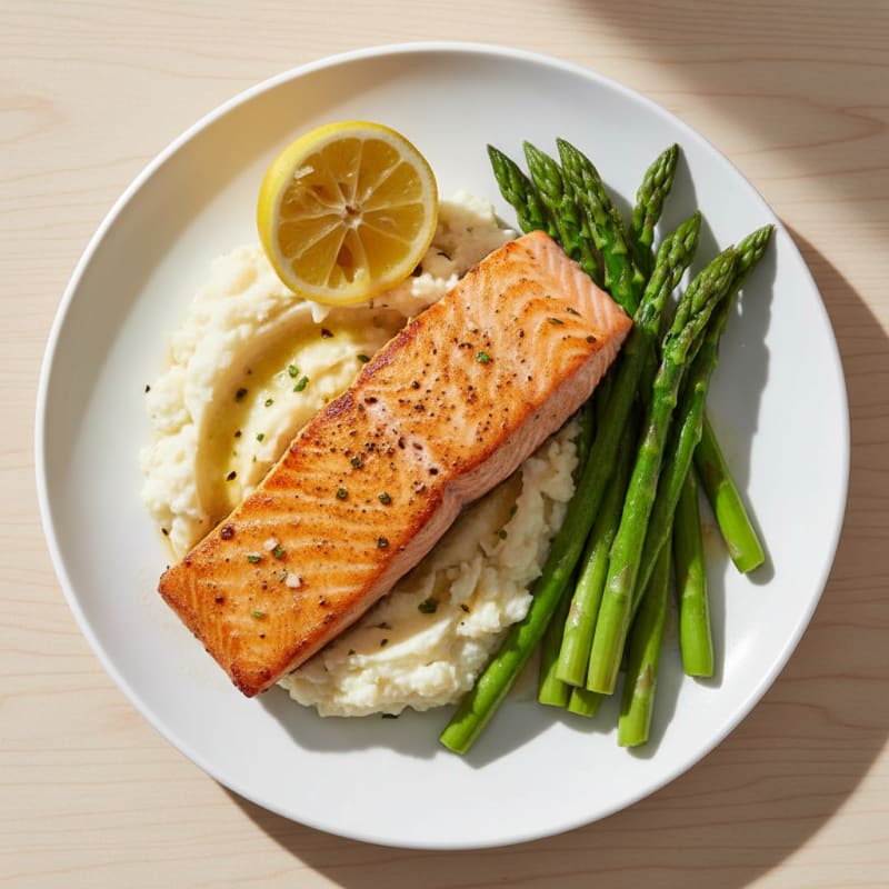 Seared Salmon with Steamed Asparagus and Garlic Mashed Cauliflower