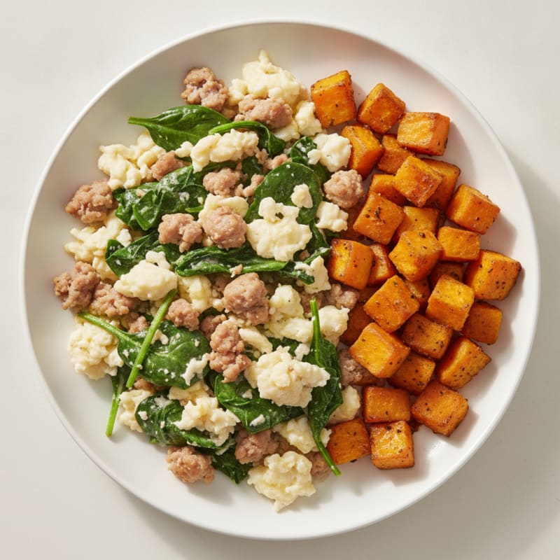Egg White and Turkey Sausage Scramble with Spinach and Roasted Sweet Potato