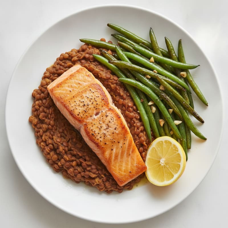 Seared Salmon Filet with Garlic Green Beans and Lentil Mash