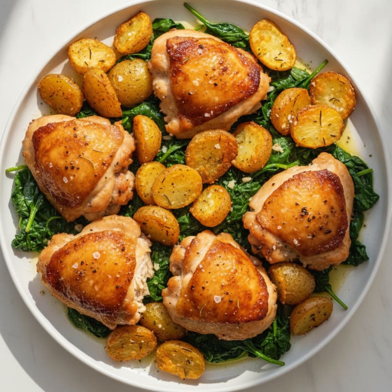 Roasted Chicken Thighs with Potatoes and Spinach