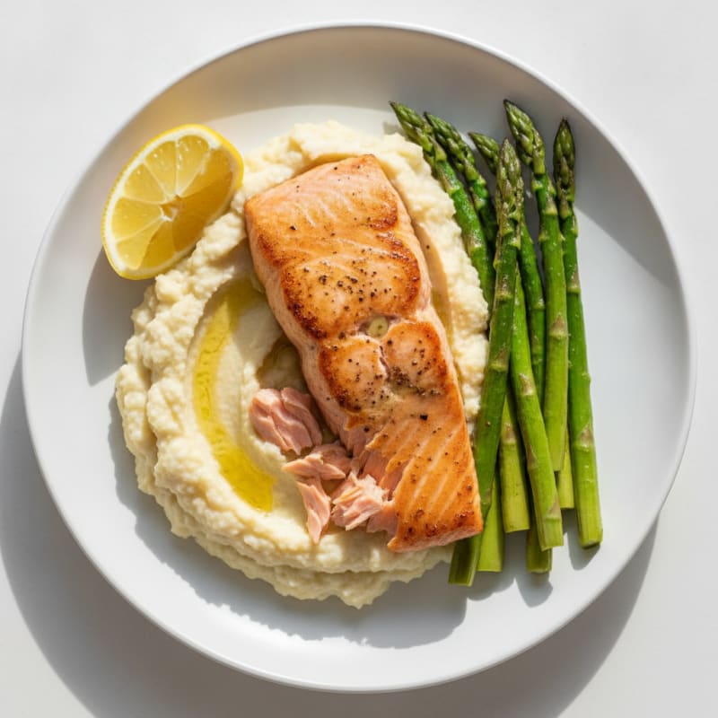 Seared Salmon Fillet with Roasted Asparagus and Cauliflower Mash