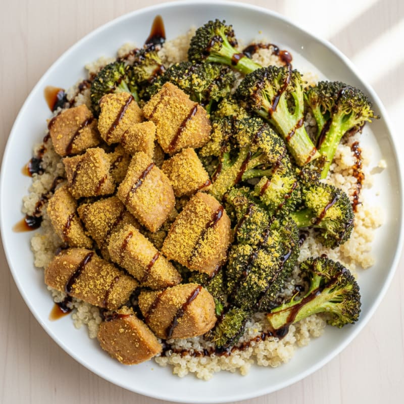 Crispy Baked Seitan with Roasted Broccoli and Quinoa