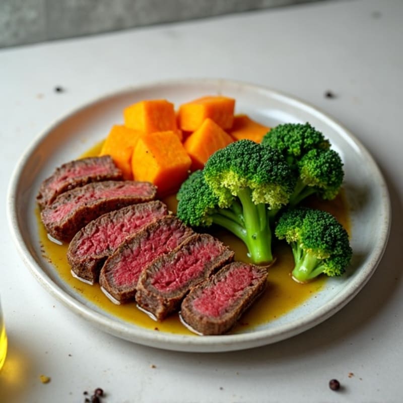 Seared Lean Beef with Roasted Broccoli and Sweet Potato