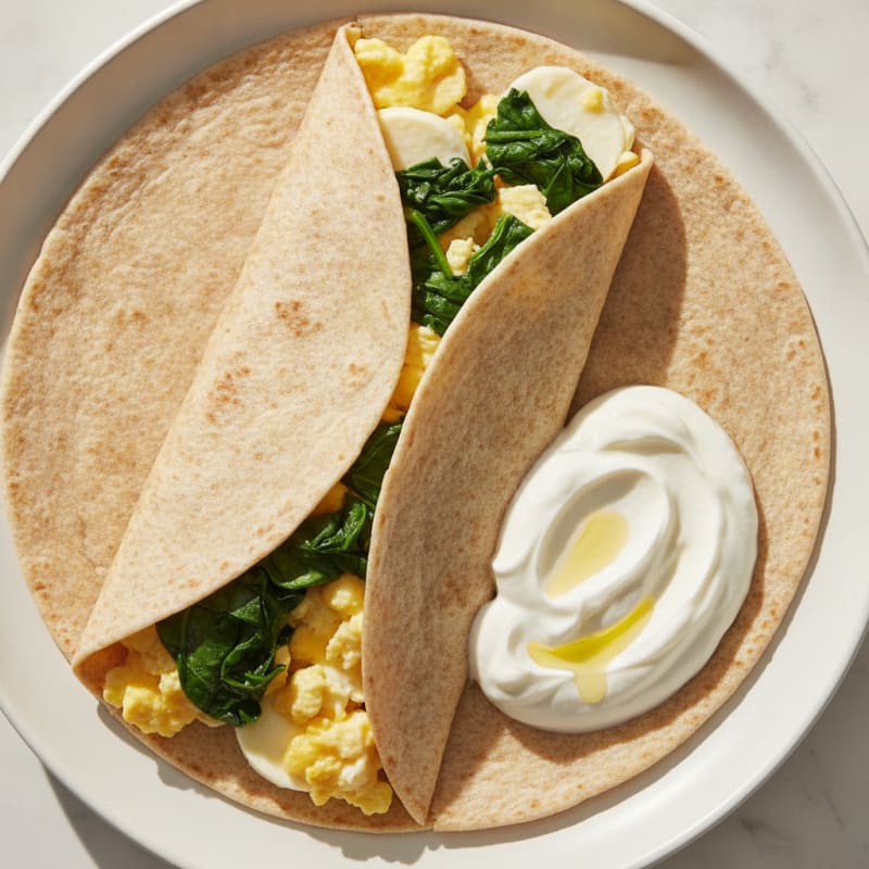 Scrambled Egg and Spinach Breakfast Wrap with Greek Yogurt