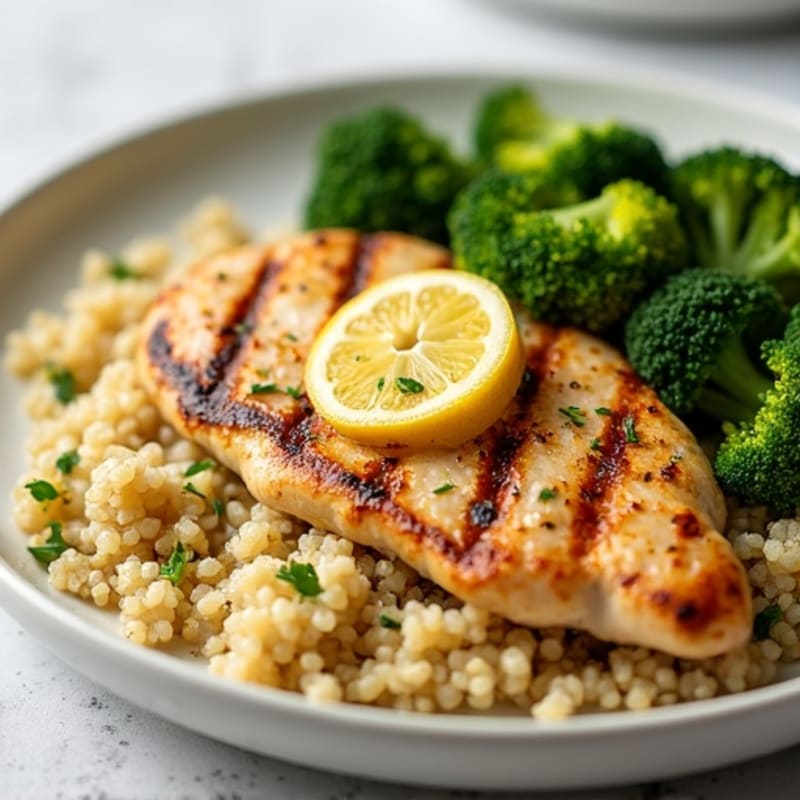 Grilled Lemon Chicken Breast with Quinoa and Roasted Broccoli