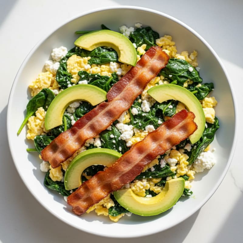 Cottage Cheese Egg Scramble with Spinach and Turkey Bacon