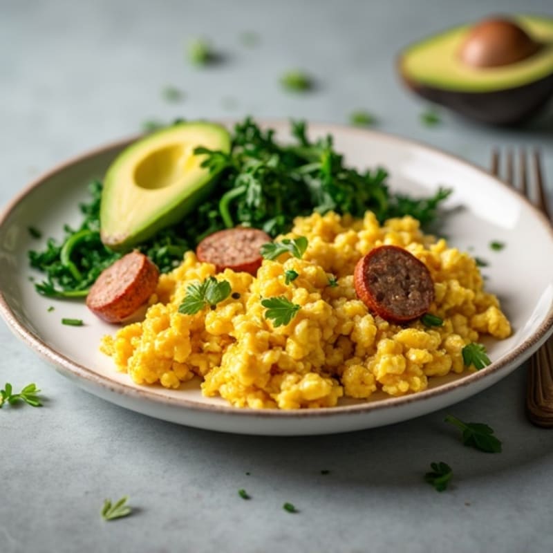 Egg White and Turkey Sausage Scramble with Sautéed Spinach