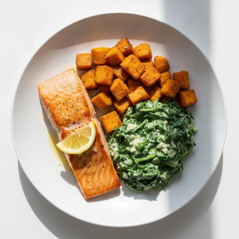 Seared Salmon with Creamy Garlic Spinach and Roasted Sweet Potatoes