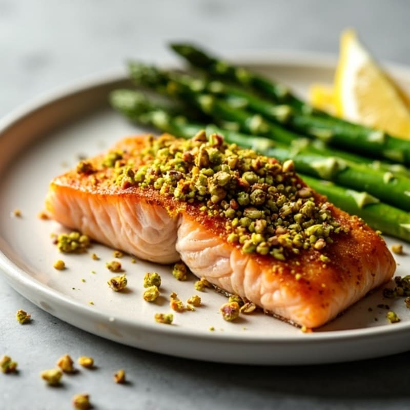 Crispy Pistachio-Crusted Salmon with Lemon-Garlic Roasted Asparagus
