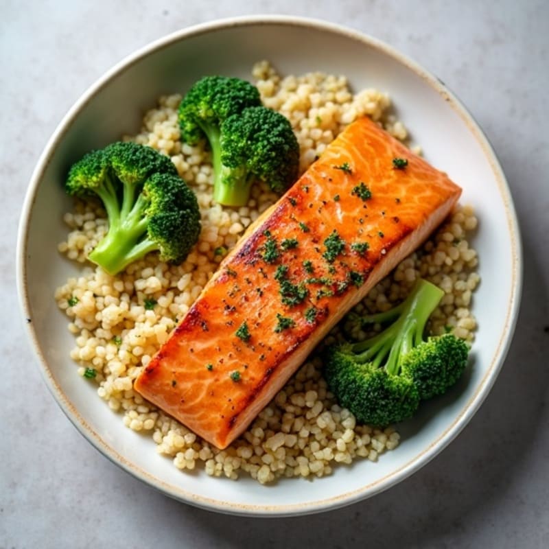 Seared Salmon with Steamed Broccoli and Garlic Quinoa