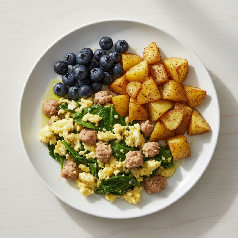 Egg and Turkey Sausage Scramble with Roasted Yellow Potatoes and Spinach