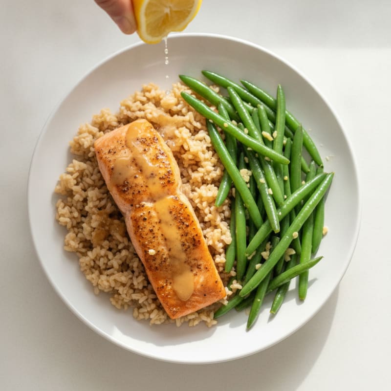 Seared Salmon with Garlic Green Beans and Brown Rice