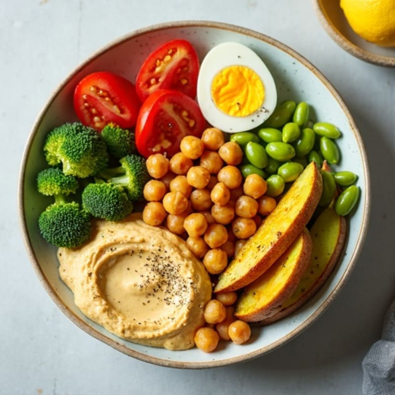 Lemon-Herb Hummus Bowl with Crispy Roasted Chickpeas and Fresh Vegetables