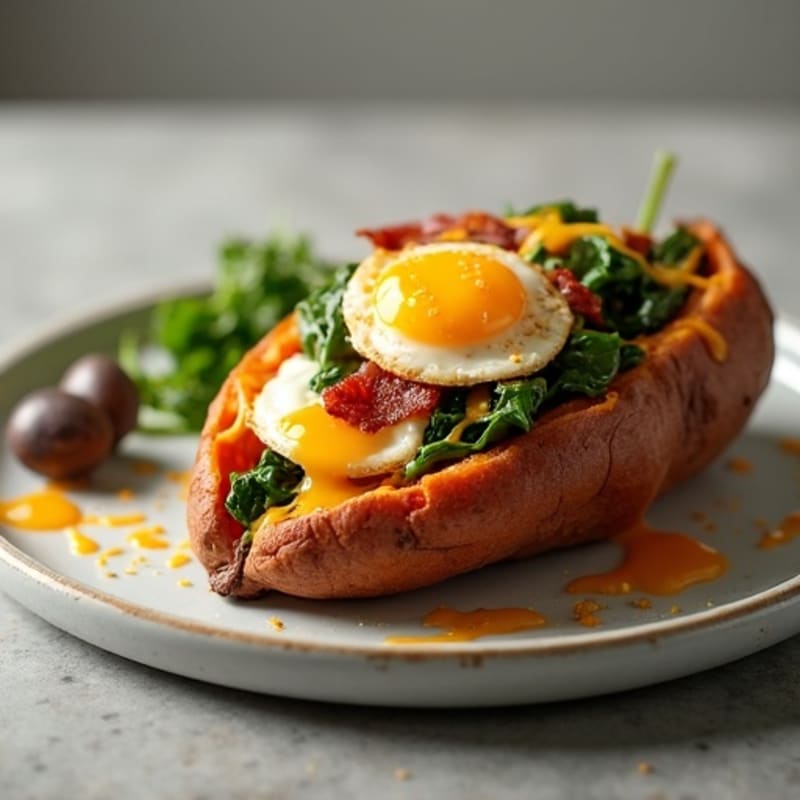 Sweet Potato Stuffed with Crispy Turkey Bacon, Spinach, and Creamy Cheddar