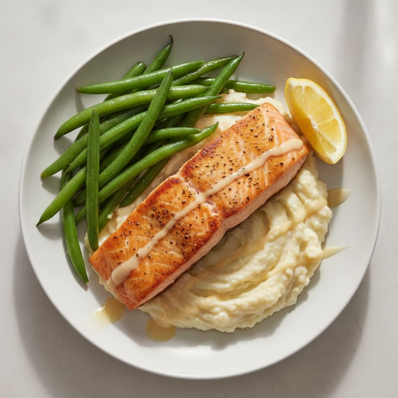 Seared Salmon with Steamed Green Beans and Cauliflower Mash