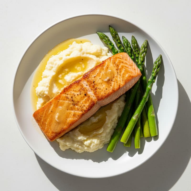 Seared Salmon with Steamed Asparagus and Garlic Mashed Cauliflower