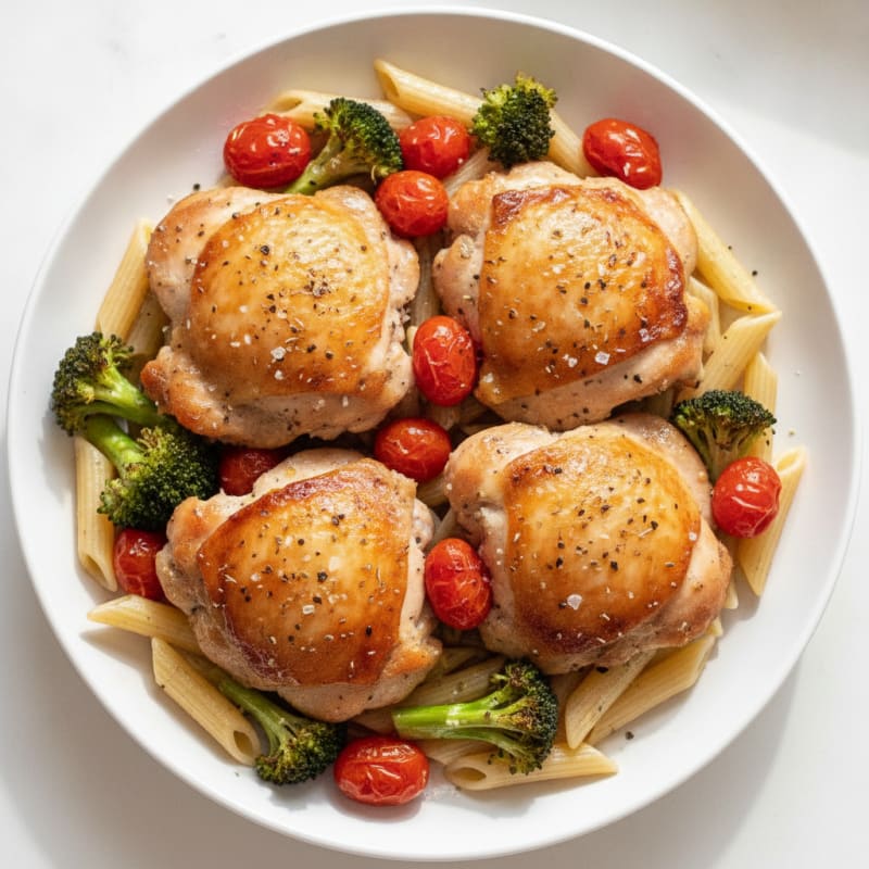 Baked Chicken Thighs with Roasted Broccoli and Tomatoes