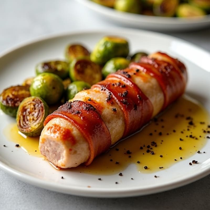 Crispy Turkey Bacon-Wrapped Chicken Sausage with Roasted Brussels Sprouts