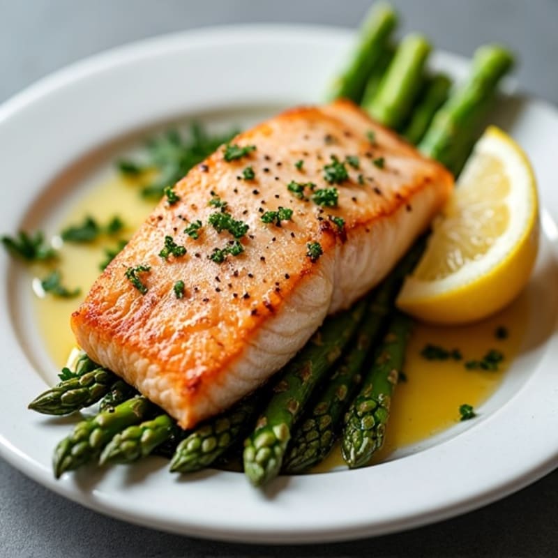Seared Salmon Fillet with Roasted Asparagus and Lemon