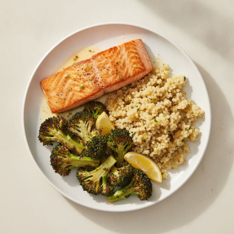 Seared Salmon with Roasted Broccoli and Lemon Quinoa