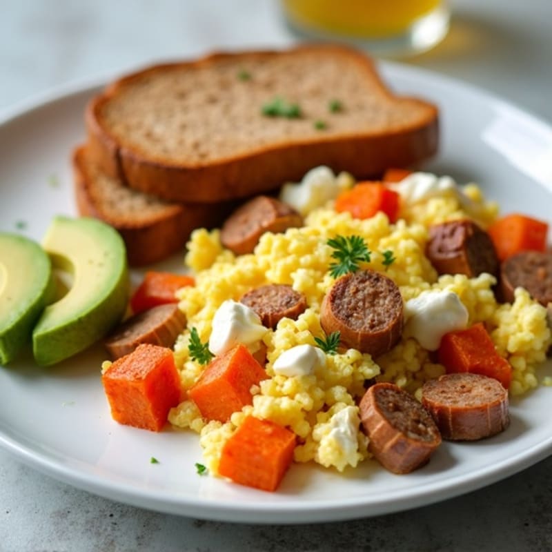 Egg White and Turkey Sausage Scramble with Cottage Cheese, Roasted Sweet Potatoes & Toast