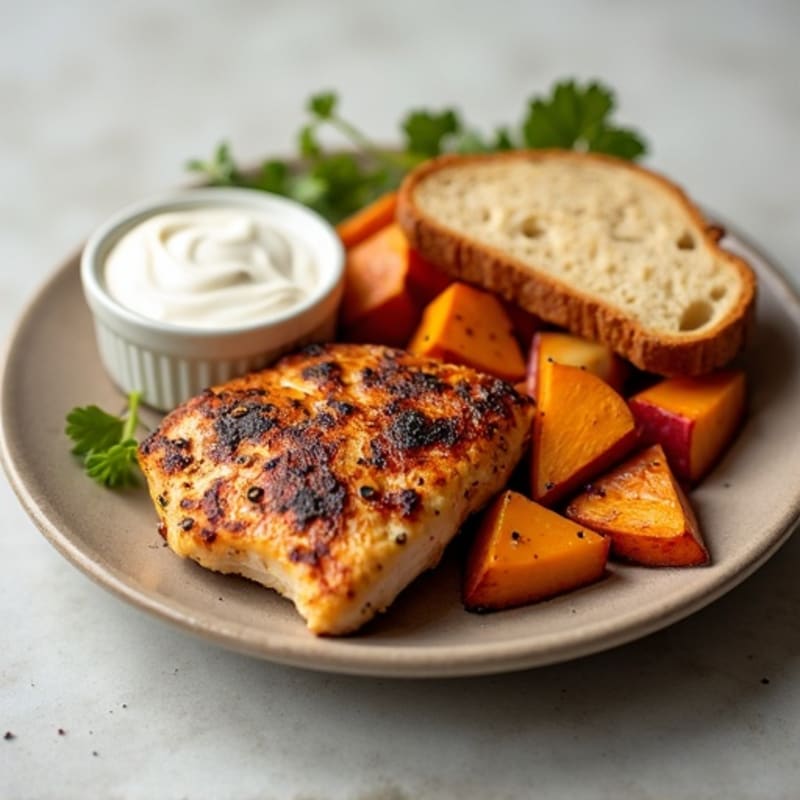 Grilled Chicken Breast with Roasted Sweet Potatoes and Apple Slices