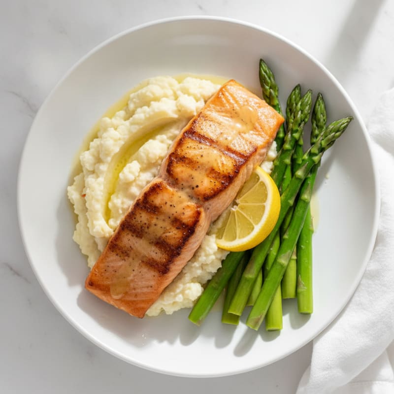 Seared Salmon with Steamed Asparagus and Garlic Mashed Cauliflower
