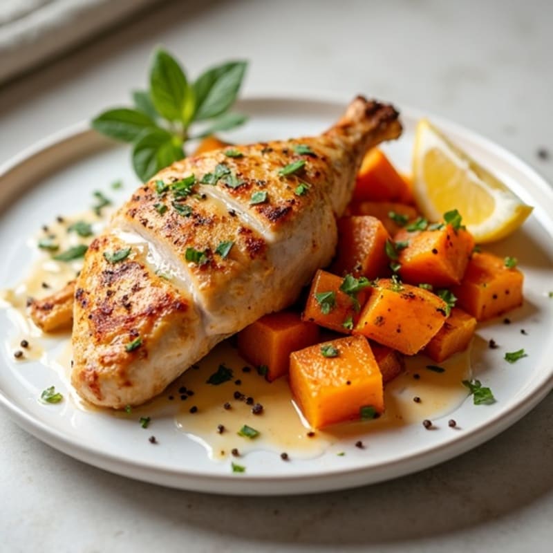 Roasted Chicken and Sweet Potato with Savory-Sweet Tahini Drizzle