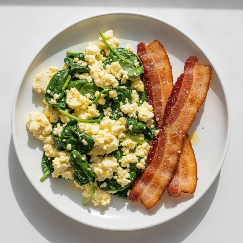 Cottage Cheese Egg Scramble with Sautéed Spinach and Turkey Bacon