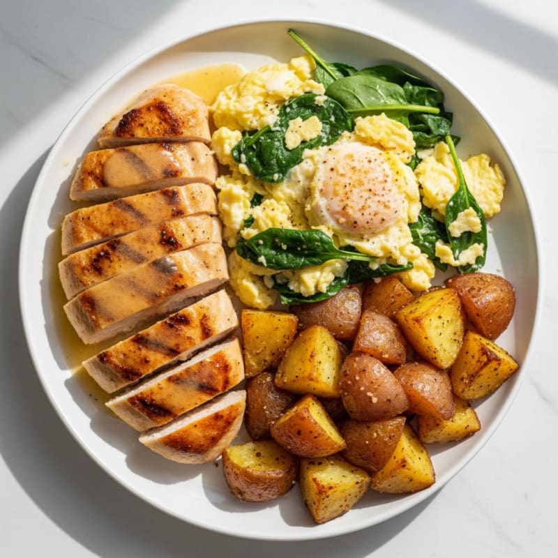 Chicken Breast and Spinach Egg Scramble with Roasted Potatoes