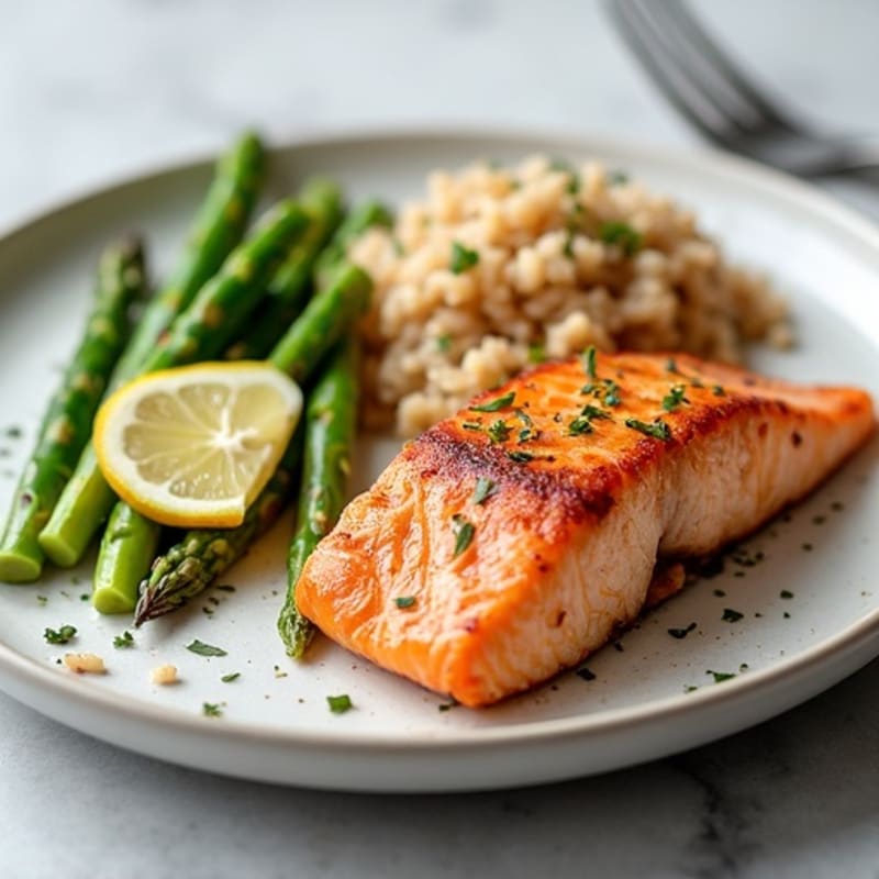 Seared Salmon with Steamed Asparagus and Brown Rice