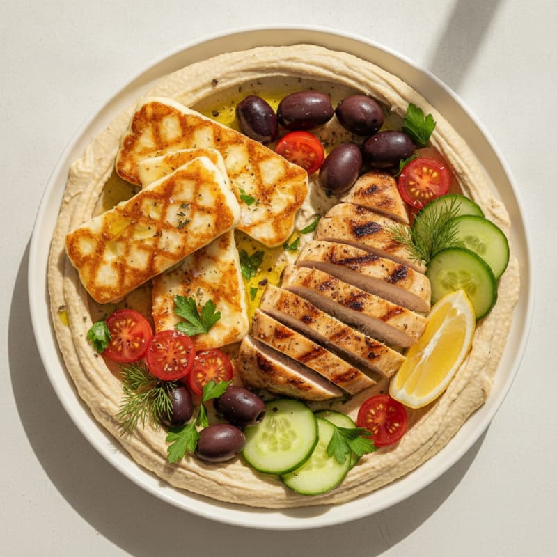 Hummus Platter with Grilled Halloumi and Olives