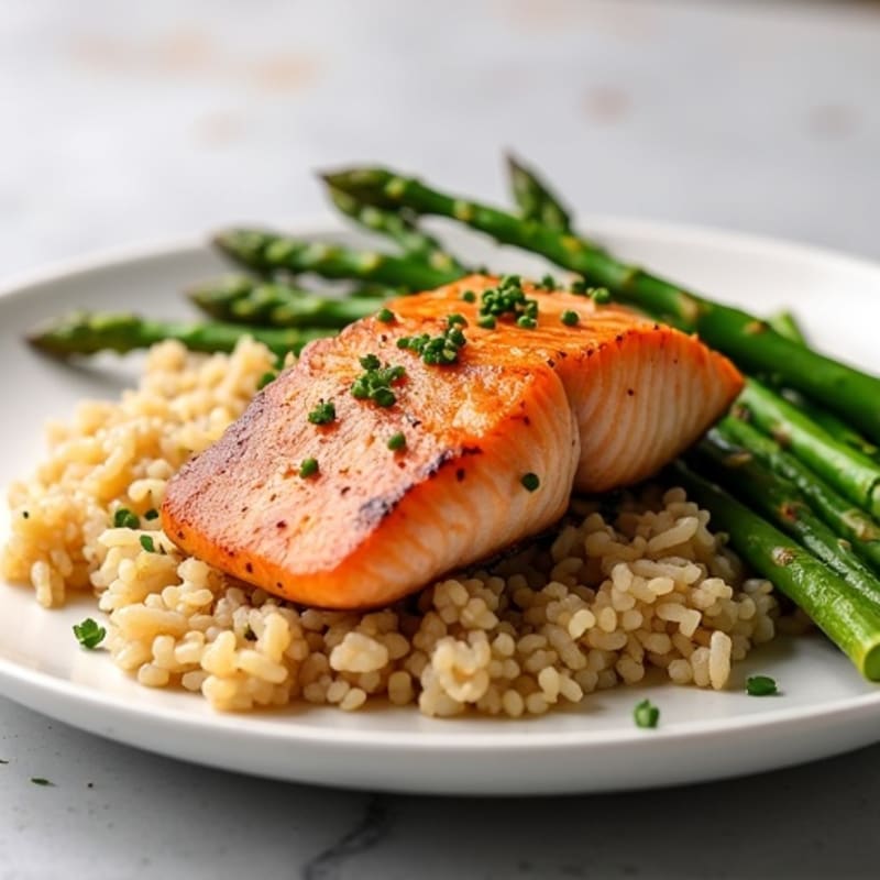 Seared Salmon with Steamed Asparagus and Brown Rice