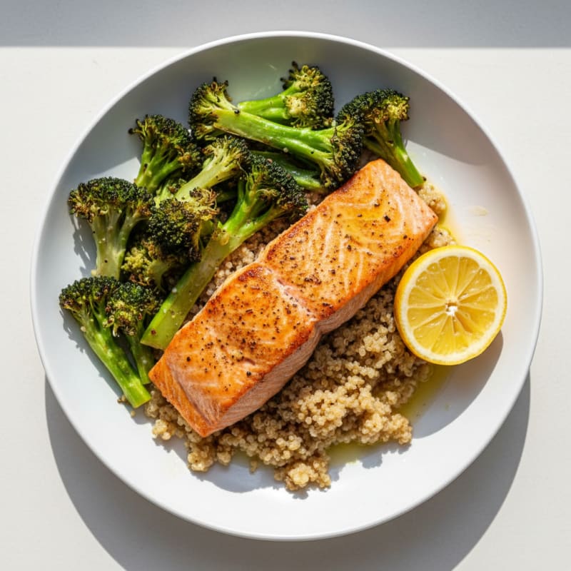 Seared Salmon with Roasted Broccoli and Quinoa