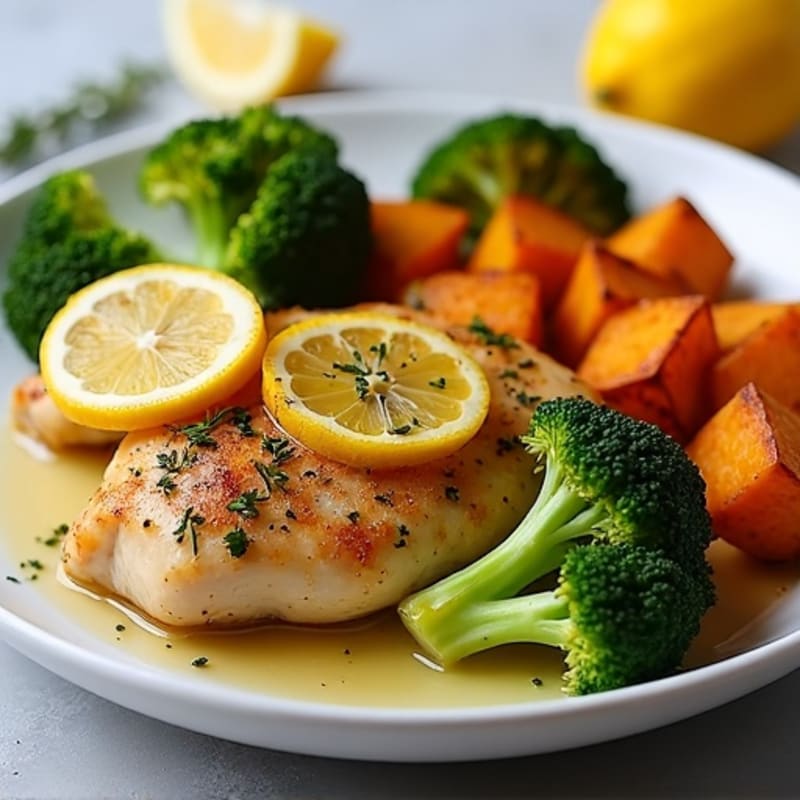 Lemon Herb Roasted Chicken with Crispy Roasted Broccoli and Sweet Potatoes